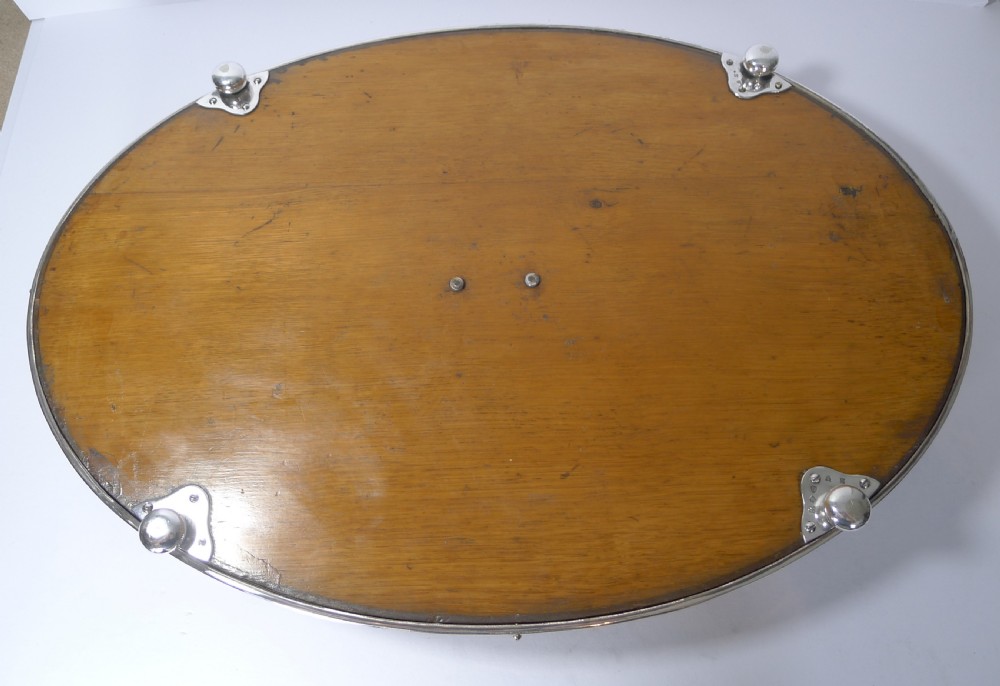 Grand Graduated Pair Late Victorian Oak and Silver Plate Serving Trays View VII