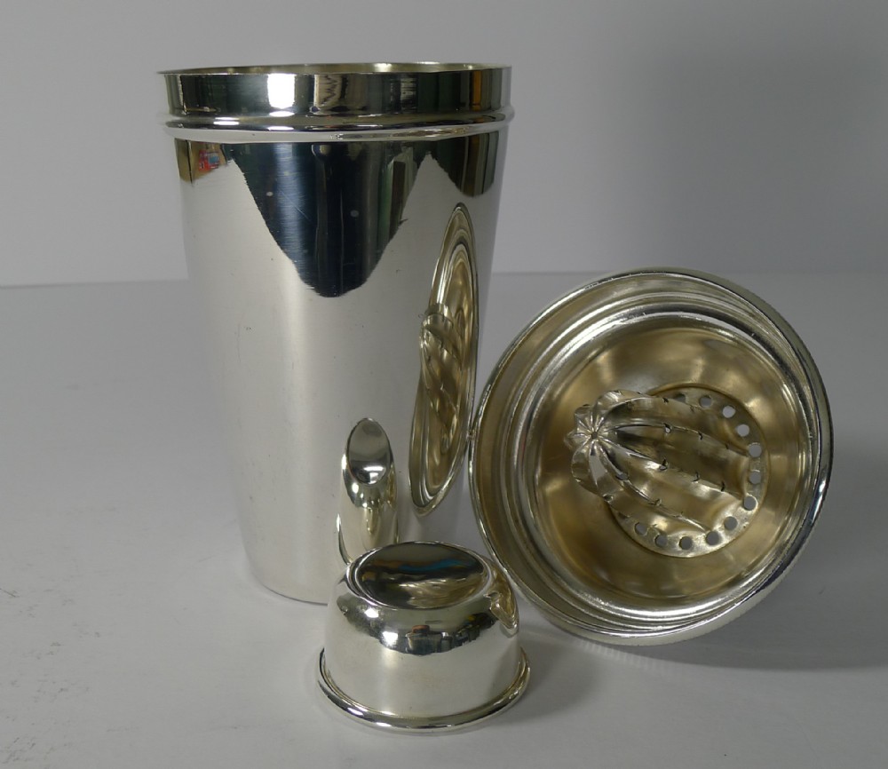 English Silver Plated Cocktail Shaker With Lemon Squeezer by Goldsmiths and Silversmiths Co.