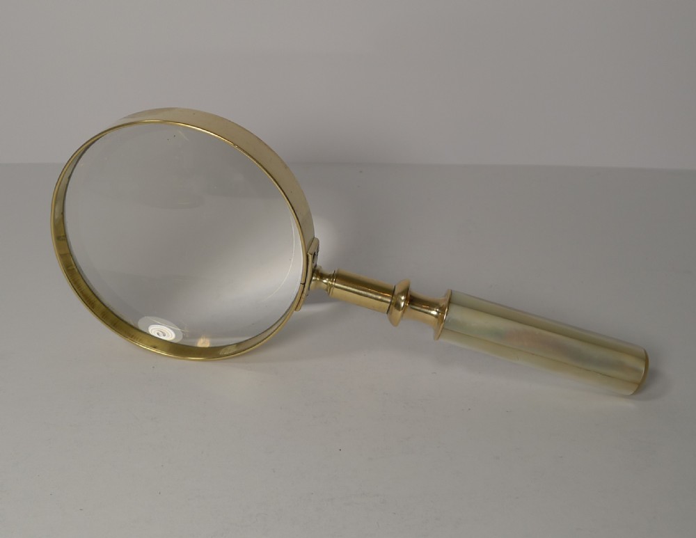 Fine Quality Antique English Brass and Mother of Pearl Magnifying Glass c.1890