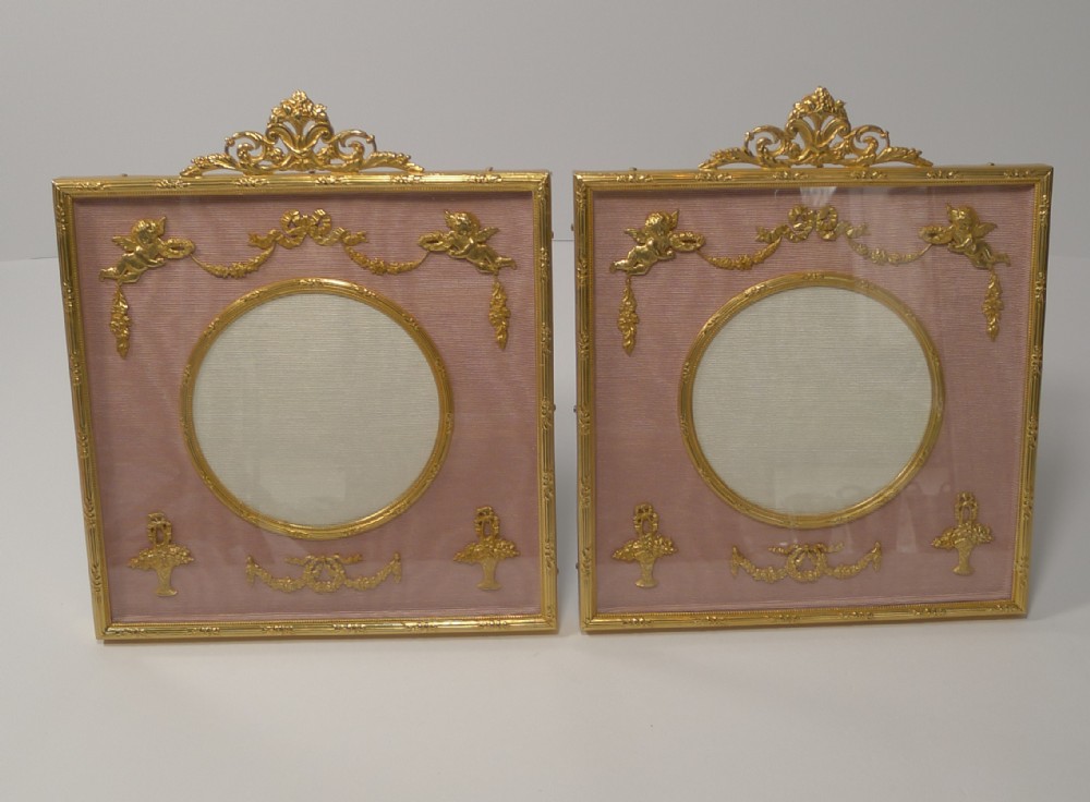 Stunning Pair French Gilded Bronze Picture Frames - Cherubs