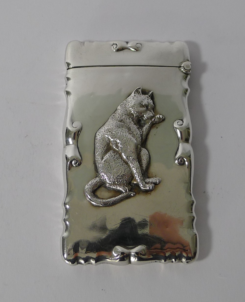 Rare English Sterling Silver Card Case - Cat - Birmingham 1905