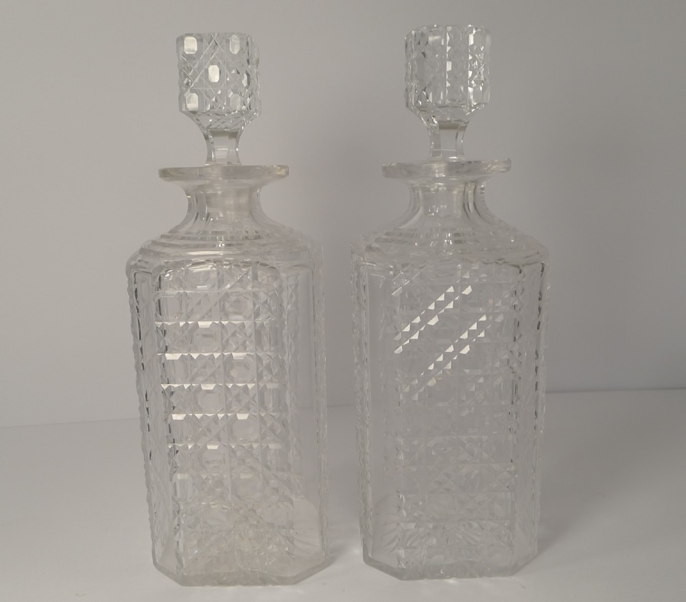 Pair English Art Deco Cut Crystal Decanters 
