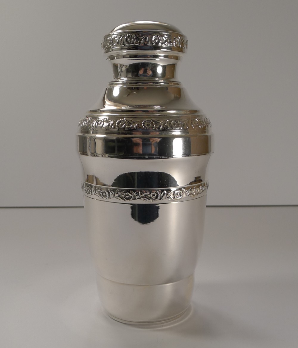 Fabulous French Art Deco Silver Plated Cocktail Shaker - Floral Decoration