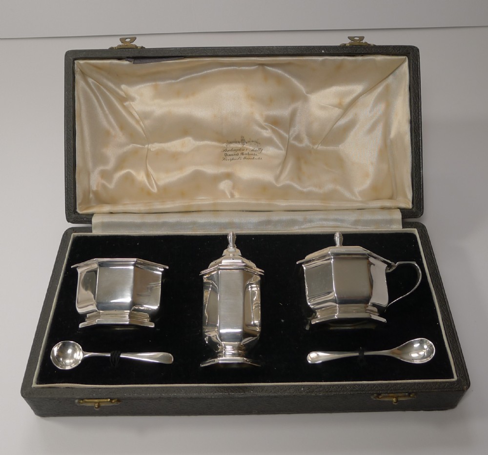 English Art Deco Sterling Silver Condiment Set by Henry Clifford Davis