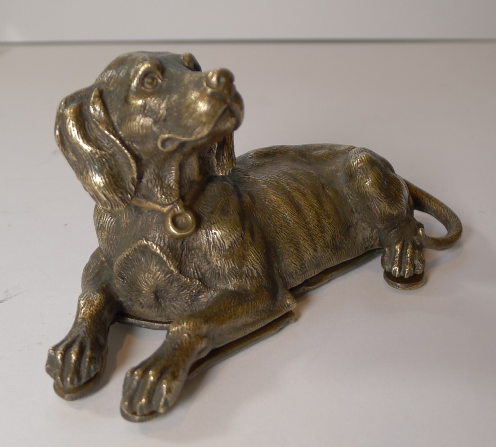 Handsome Antique English Bronze Dog Double Postage Stamp Box c.1880