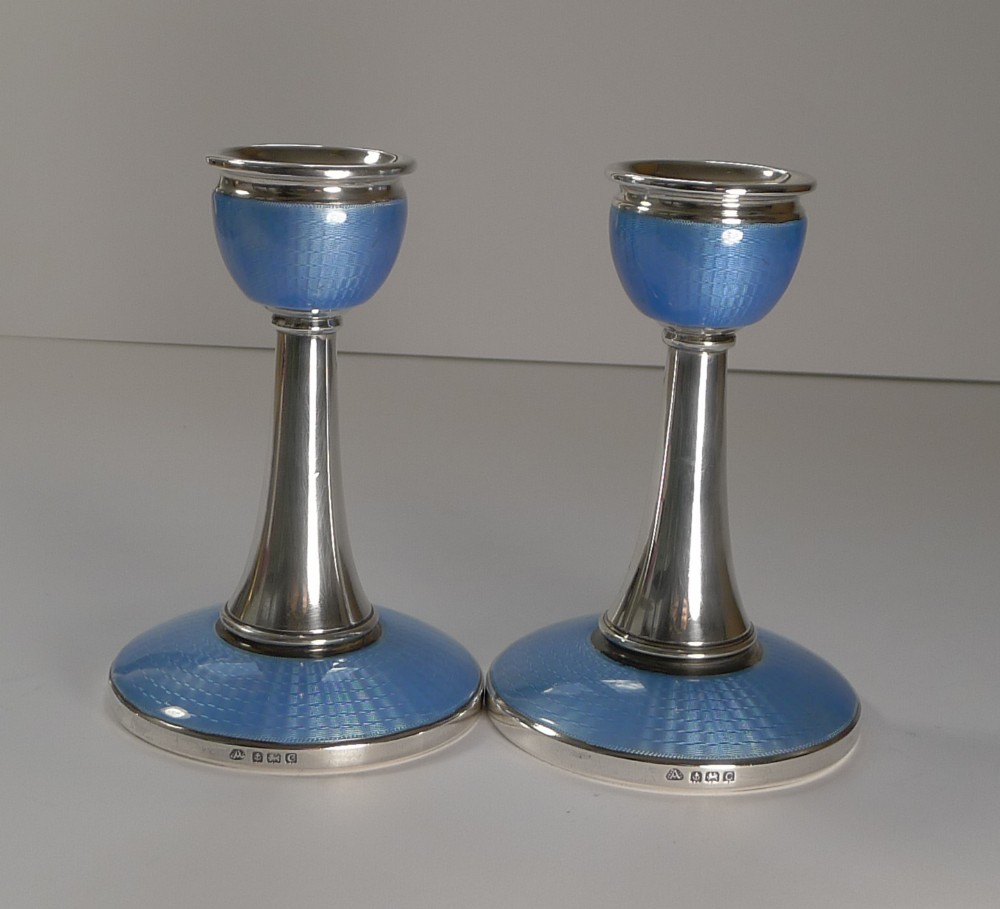 Pair English Sterling Silver & Blue Guilloche Enamel Candlesticks - 1927