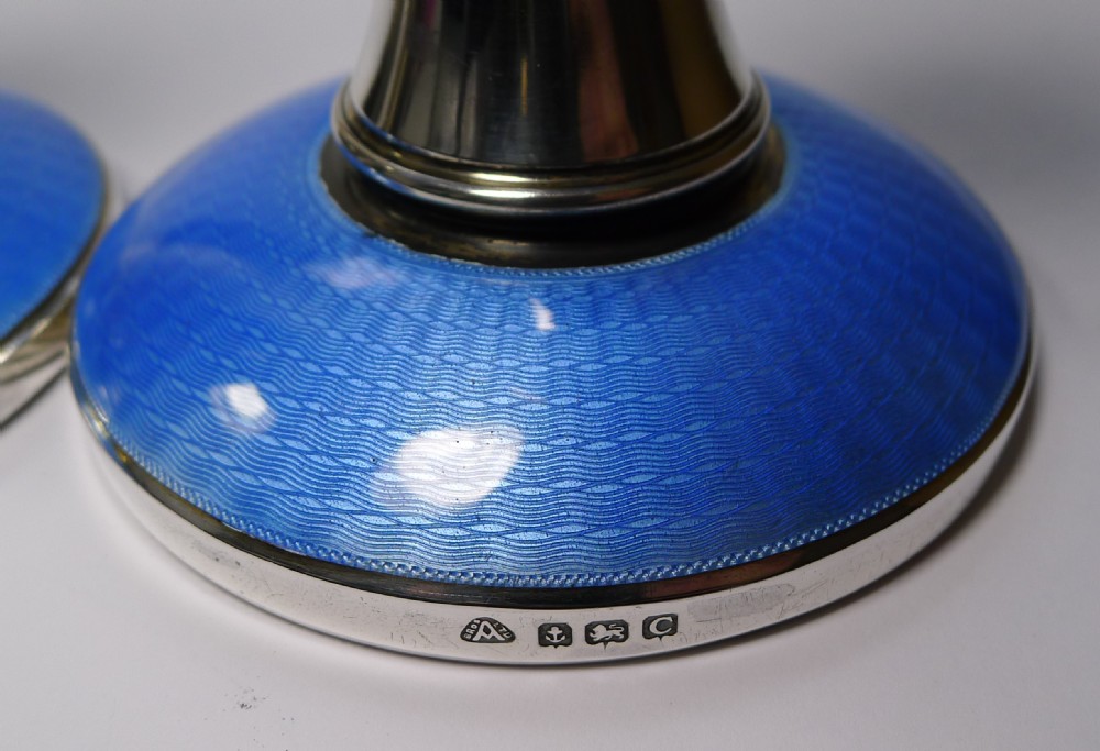 Pair English Sterling Silver & Blue Guilloche Enamel Candlesticks - 1927 View III