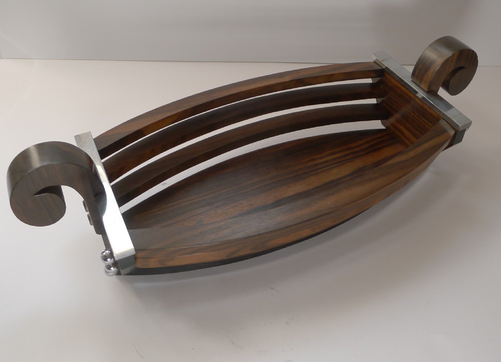 Fabulous Large Art Deco Macassar and Chromium Boat Shaped Bowl or Basket c.1930