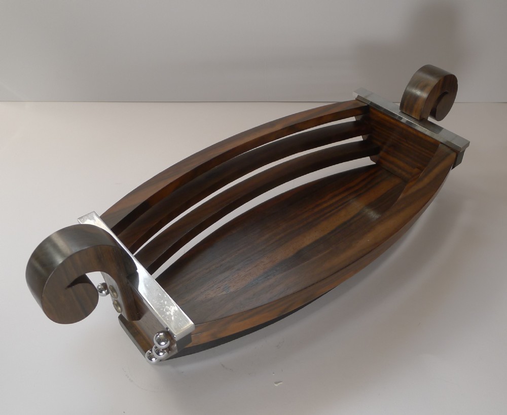Fabulous Large Art Deco Macassar and Chromium Boat Shaped Bowl or Basket c.1930 View VI