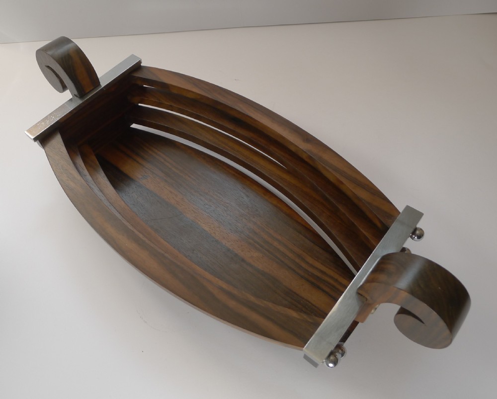 Fabulous Large Art Deco Macassar and Chromium Boat Shaped Bowl or Basket c.1930 View VII