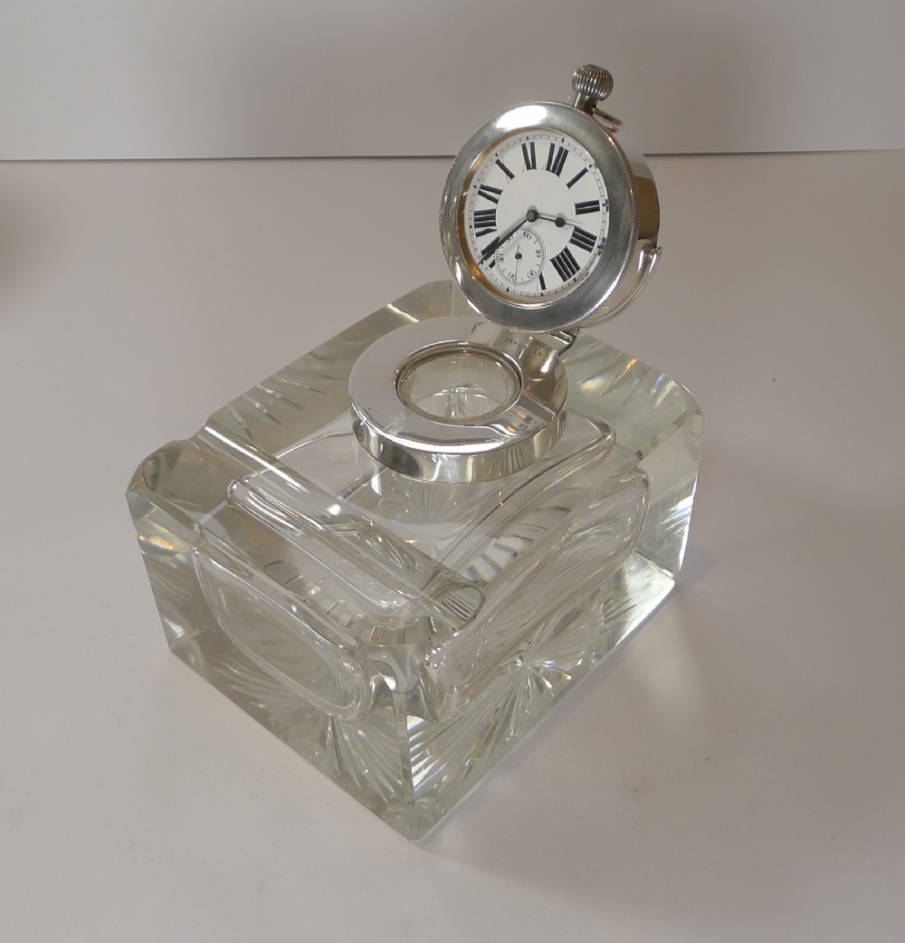 Mammoth Antique English Sterling Silver and Glass Pocket Watch Inkwell