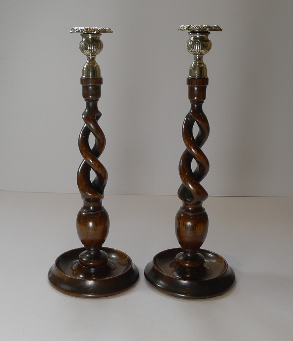 Fine Pair Antique English Oak Open Barley Twist Candlesticks c.1910