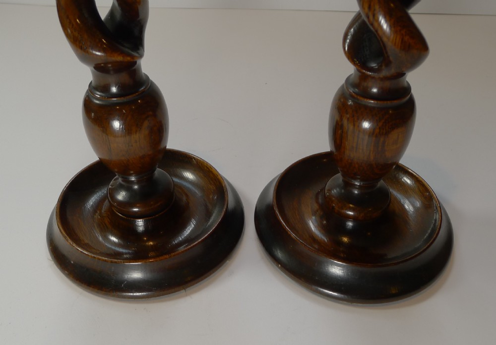 Fine Pair Antique English Oak Open Barley Twist Candlesticks c.1910 View III