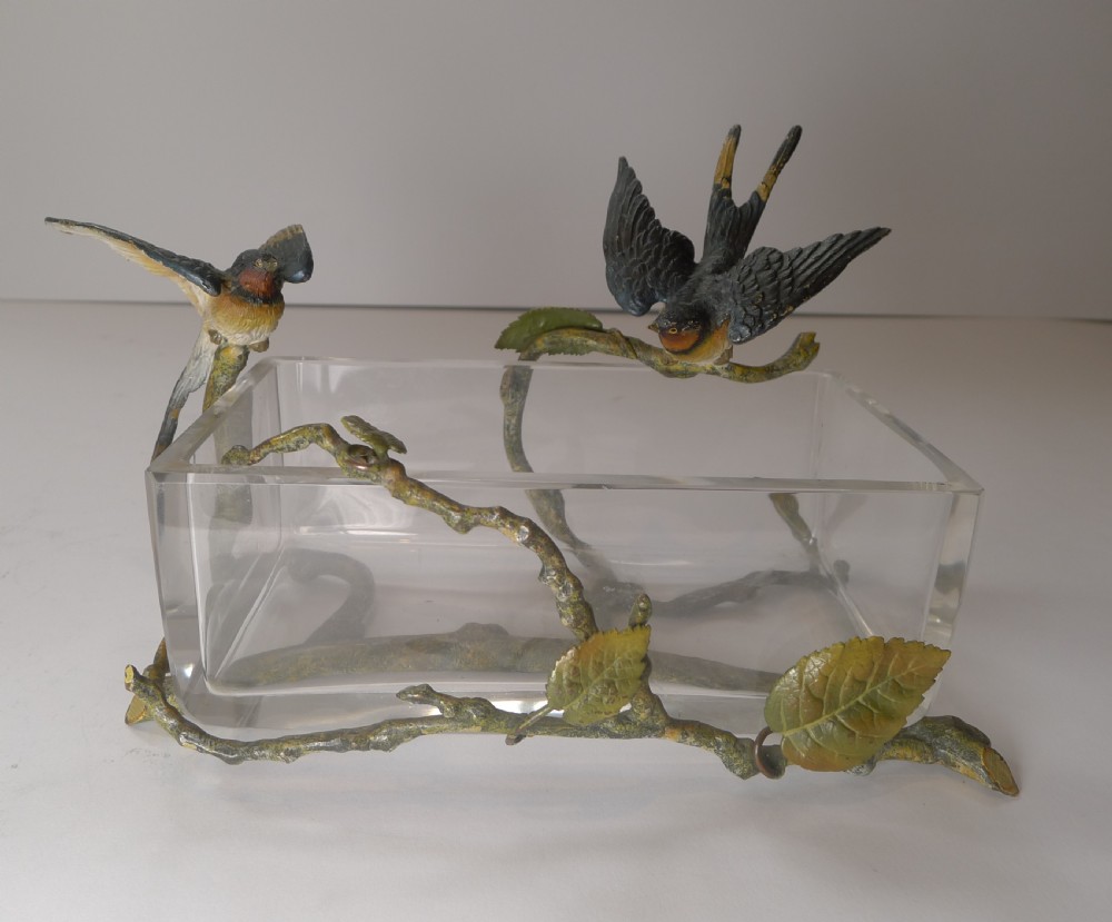 Magnificent Crystal Box - Cold Painted Bronze Wrapped - Swallows c.1900