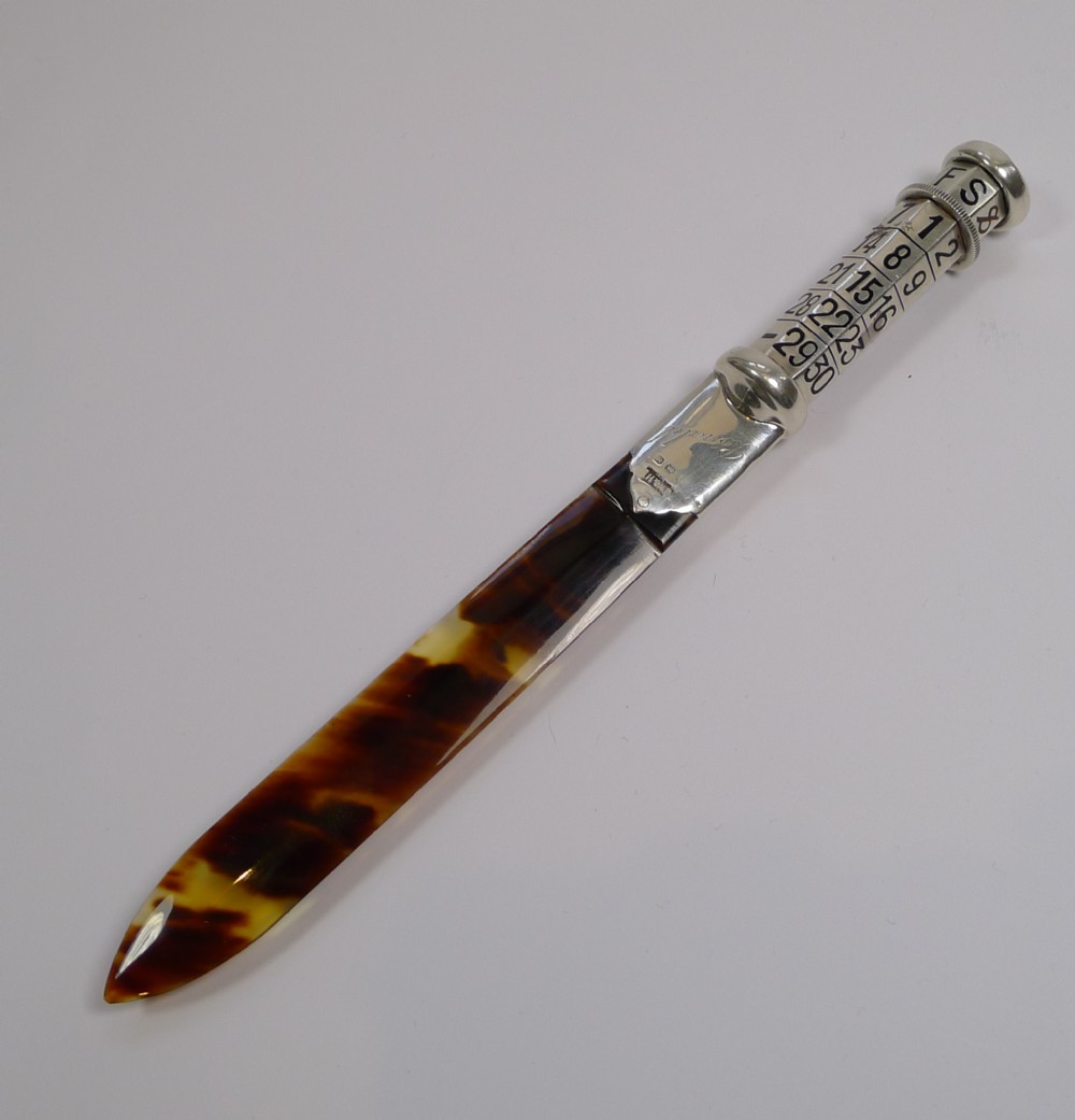 Antique Tortoiseshell & Sterling Silver Letter Opener With Calendar