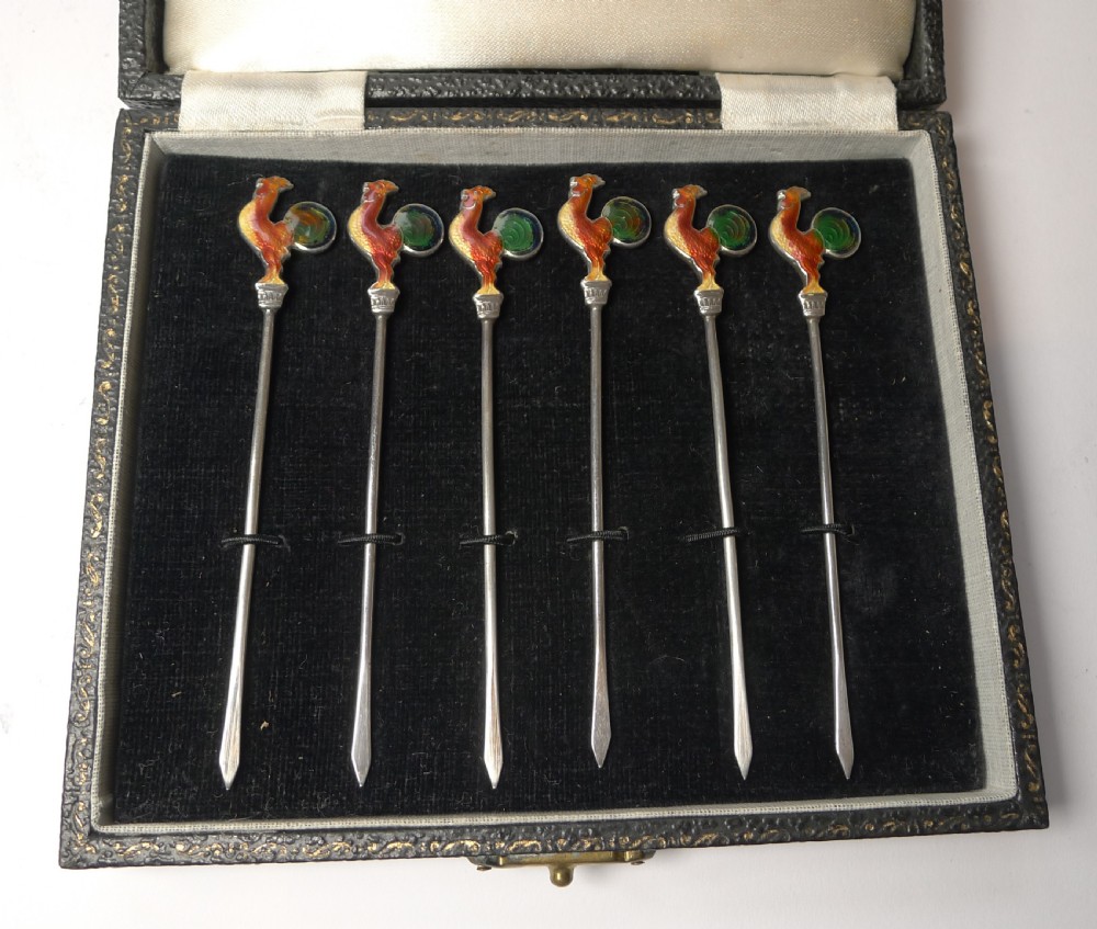 Set Six Solid Sterling Silver & Enamel Cocktail Sticks c.1940 View IV