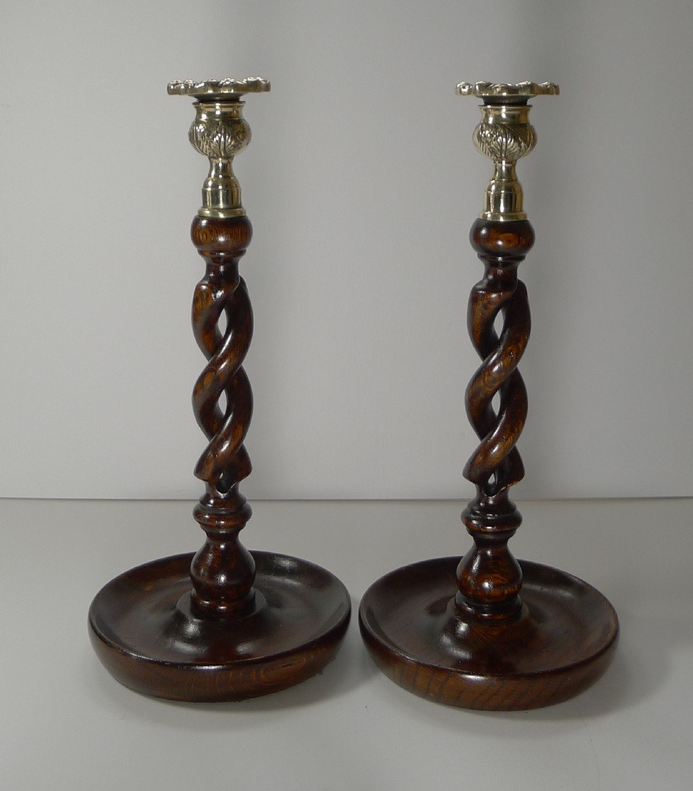 Pair Antique English Oak Open Barley Twist Candlesticks c.1910