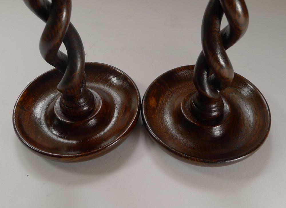 Pair Antique English Oak Open Barley Twist Candlesticks c.1910 View VI