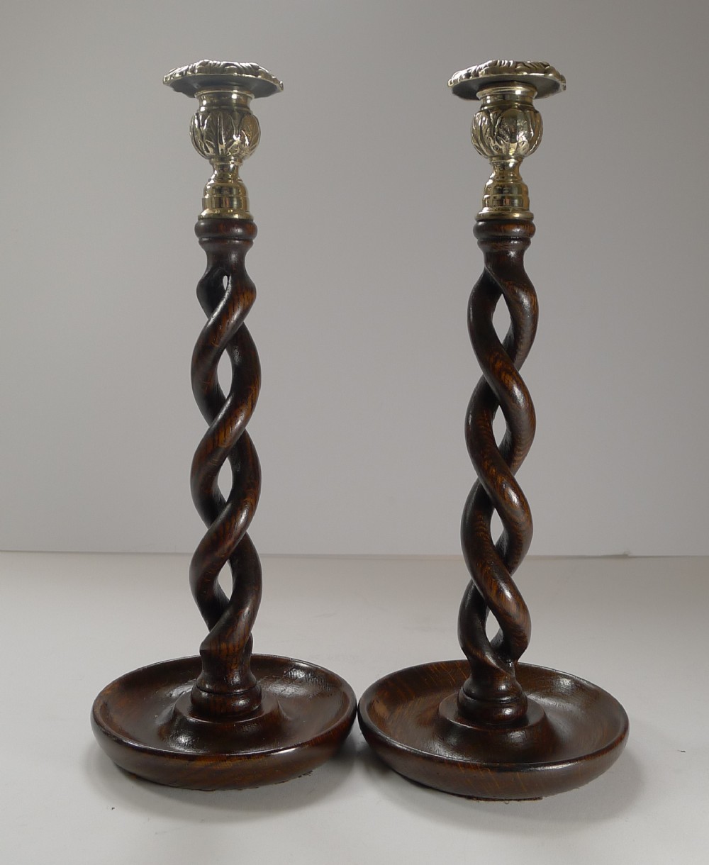 Pair Antique English Oak Open Barley Twist Candlesticks c.1910