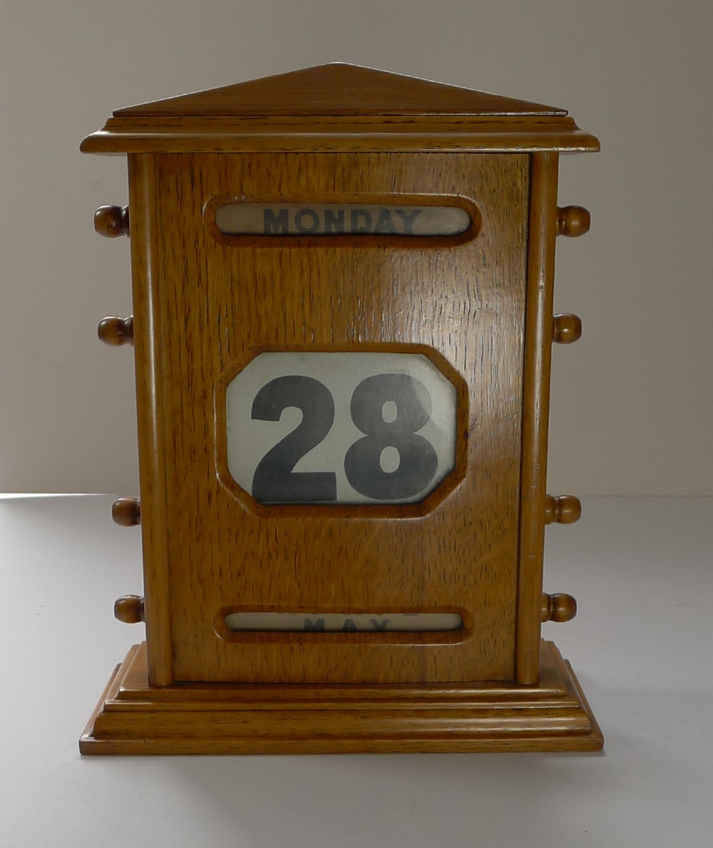 Large Antique English Oak Perpetual Desk Calendar c.1920