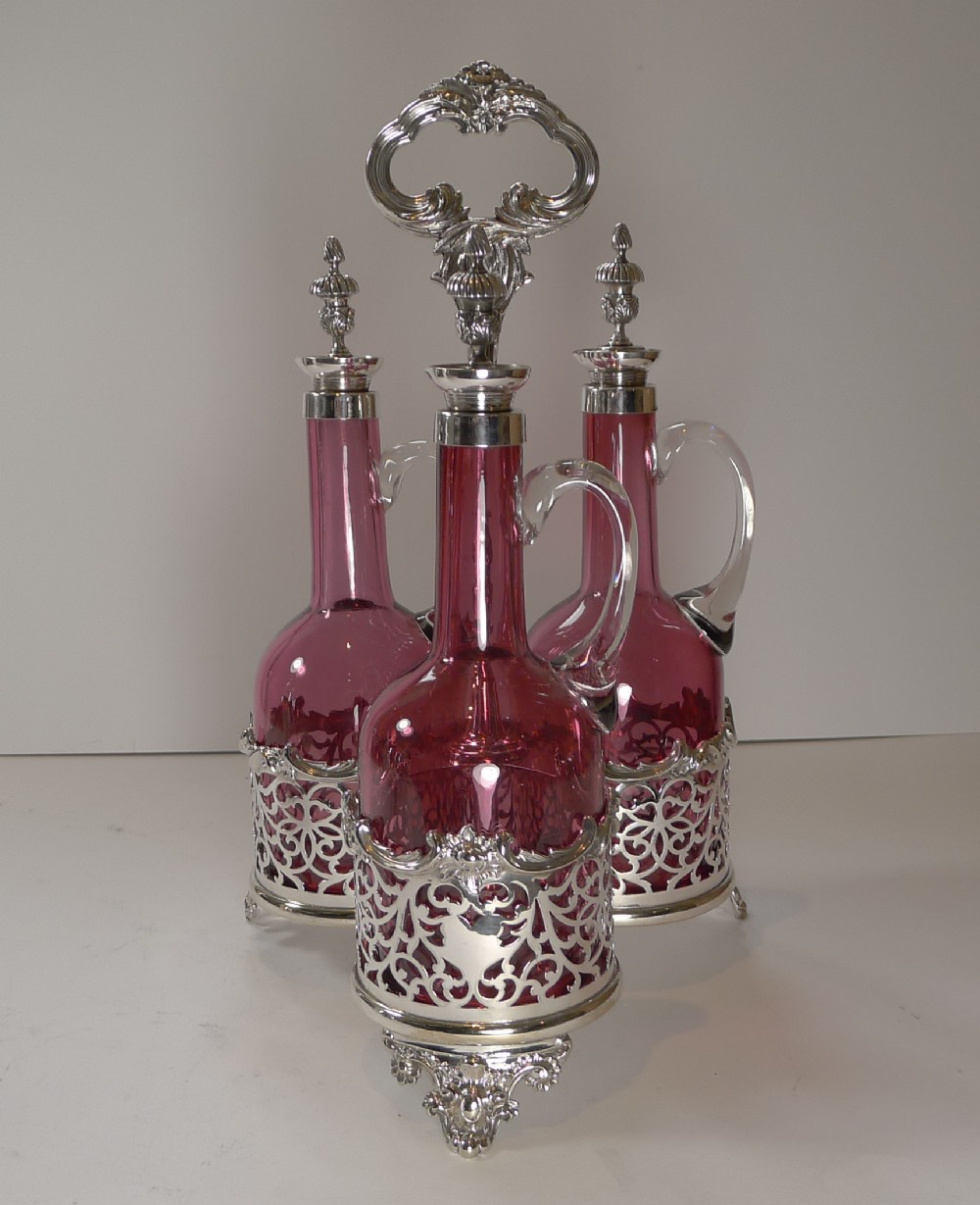 Stunning Cranberry Glass and Silver Plate Decanter Set c.1890