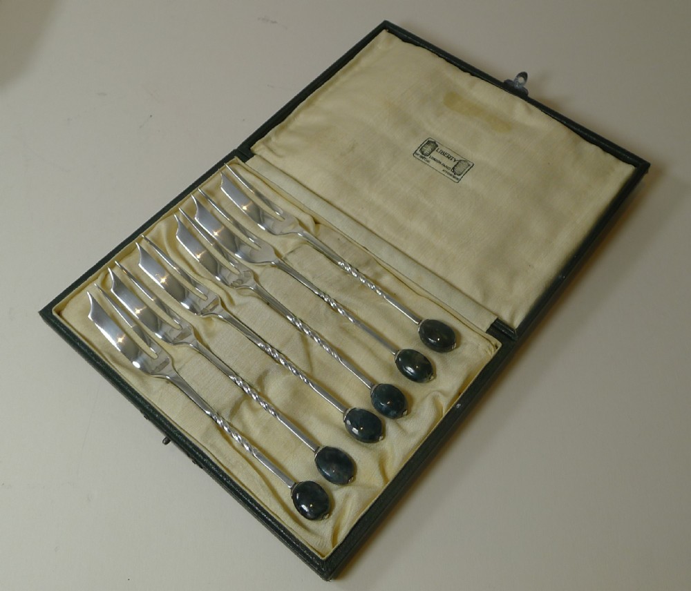 Liberty of London - Set Six Silver & Moss Agate Cake Forks - 1924