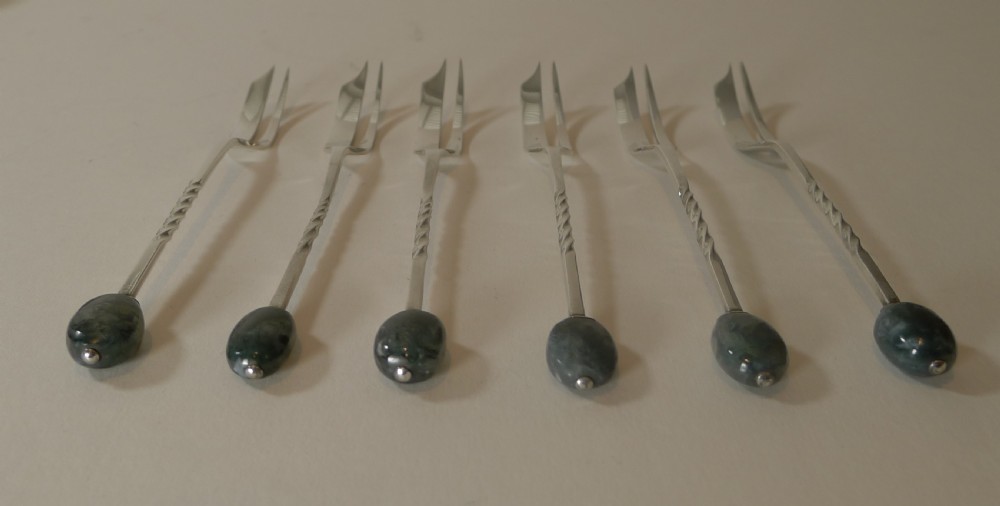 Liberty of London - Set Six Silver & Moss Agate Cake Forks - 1924 View II