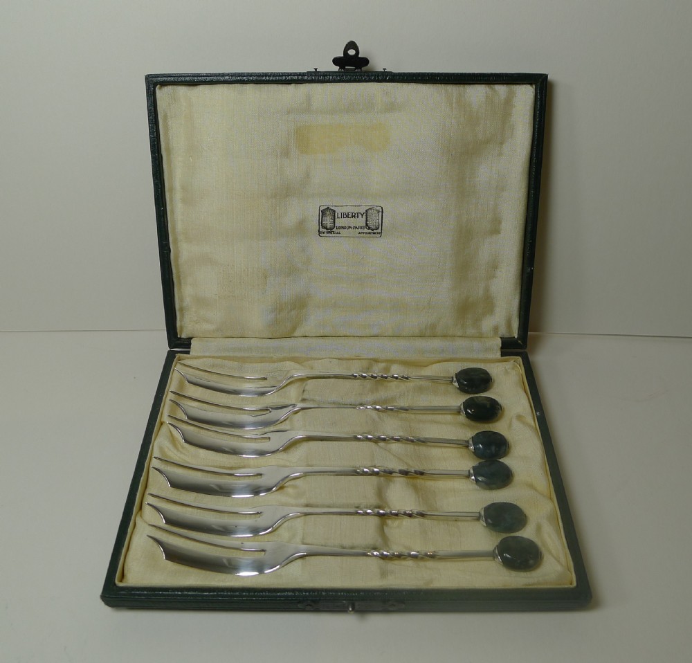 Liberty of London - Set Six Silver & Moss Agate Cake Forks - 1924 View VIII