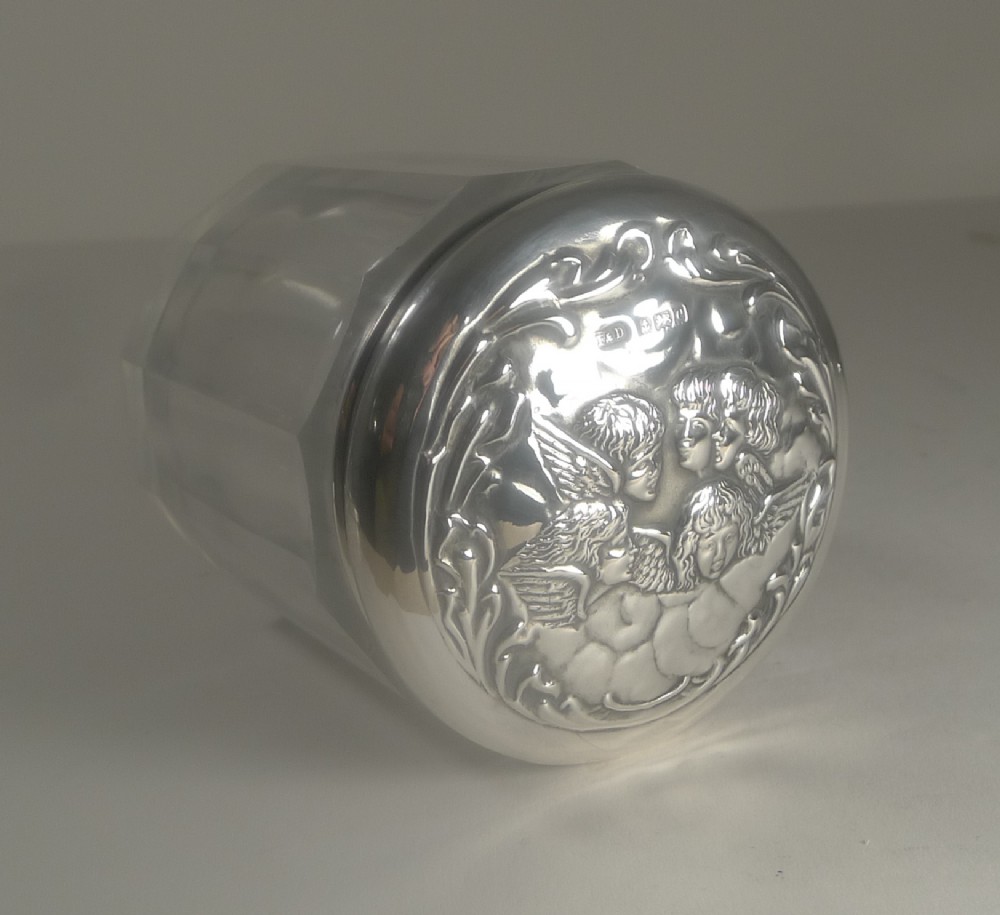 Antique English Silver Lidded Vanity Jar - Reynold's Angels - 1904