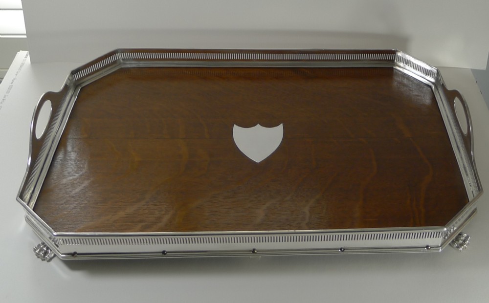 Grand Large Antique English Oak and Silver Plate Drinks Tray by John Grinsell