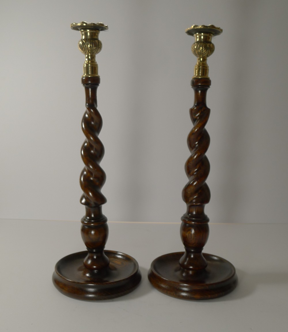 Pair Antique English Oak and Brass Barley Twist Candlesticks c.1900
