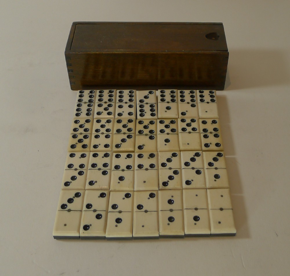 Antique English Boxed Bone & Ebony Wood Dominoes
