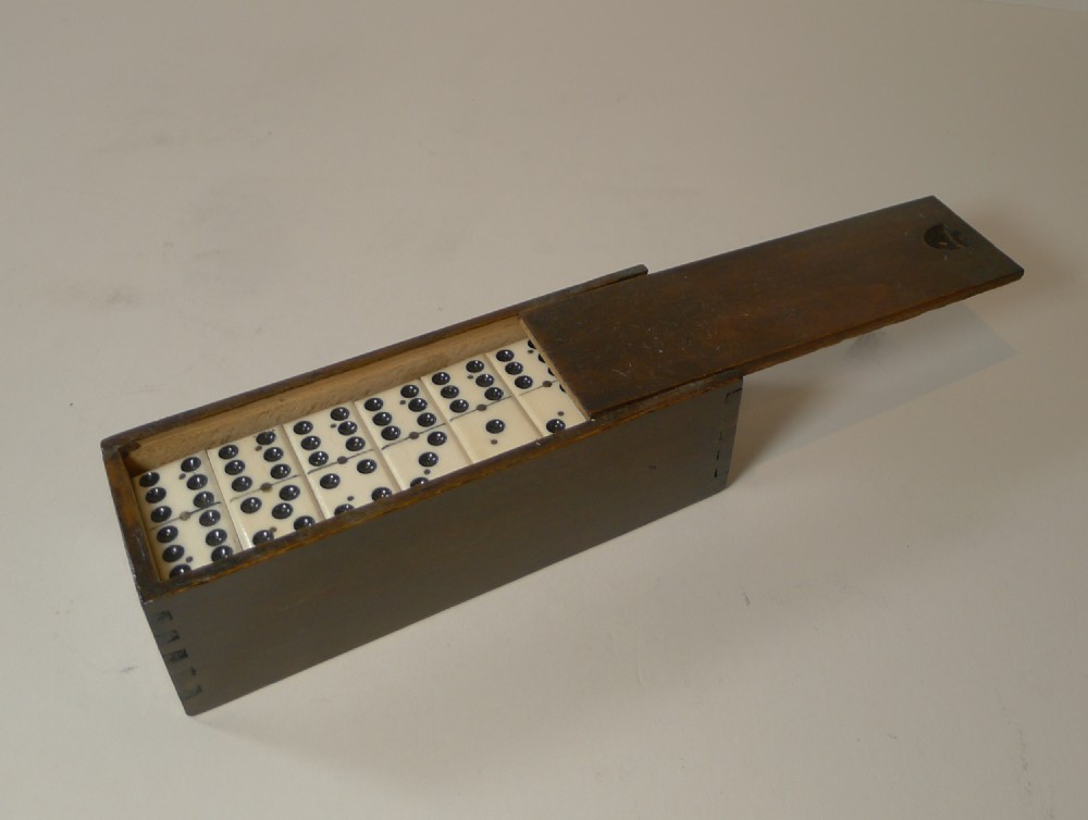 Antique English Boxed Bone & Ebony Wood Dominoes View III