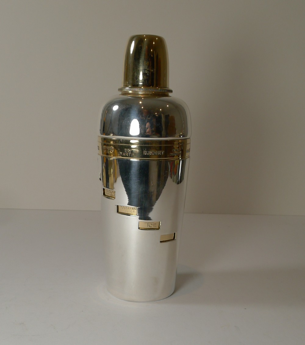 Italian Art Deco Silver & Gold Plated Menu Cocktail Shaker