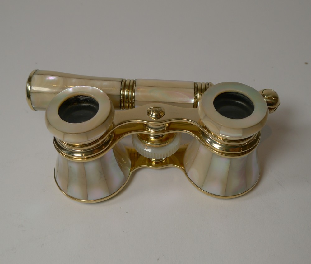 Fabulous Pair Antique French Mother of Pearl Opera Glasses c.1890 - Lorgnette Handle View V
