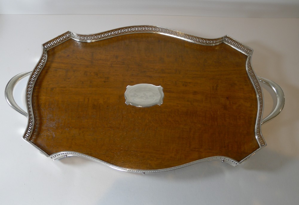Stunning Antique English Oak and Silver Plate Drinks Tray c.1900 View IV