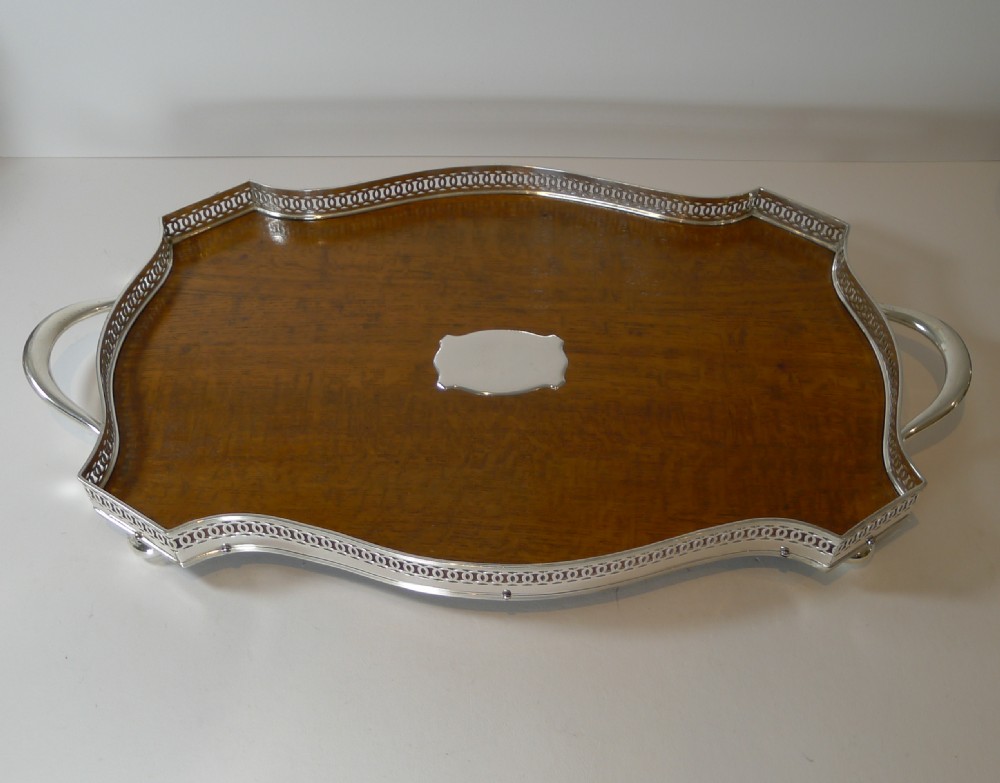Stunning Antique English Oak and Silver Plate Drinks Tray c.1900 View V