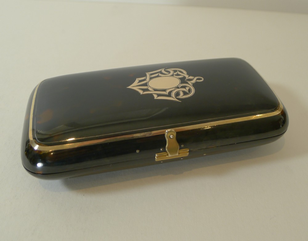 Opulent Antique Tortoise Shell Cigar Case - Gold Pique Inlay View X