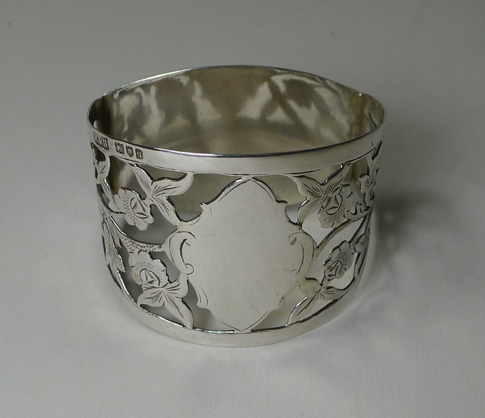 Antique English Pierced Sterling Silver Napkin Ring - Roses