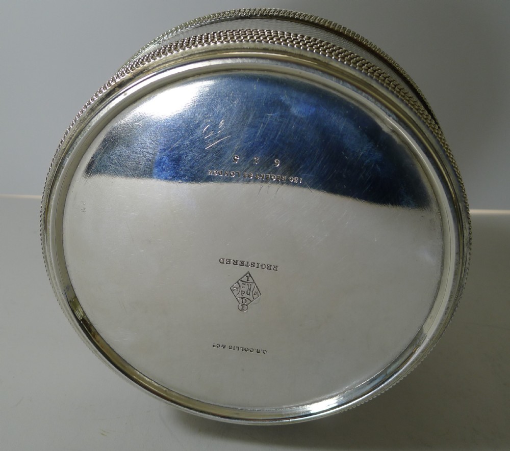 Rare Victorian Barrel Biscuit Box In Silver Plate Reg. 1866 View III