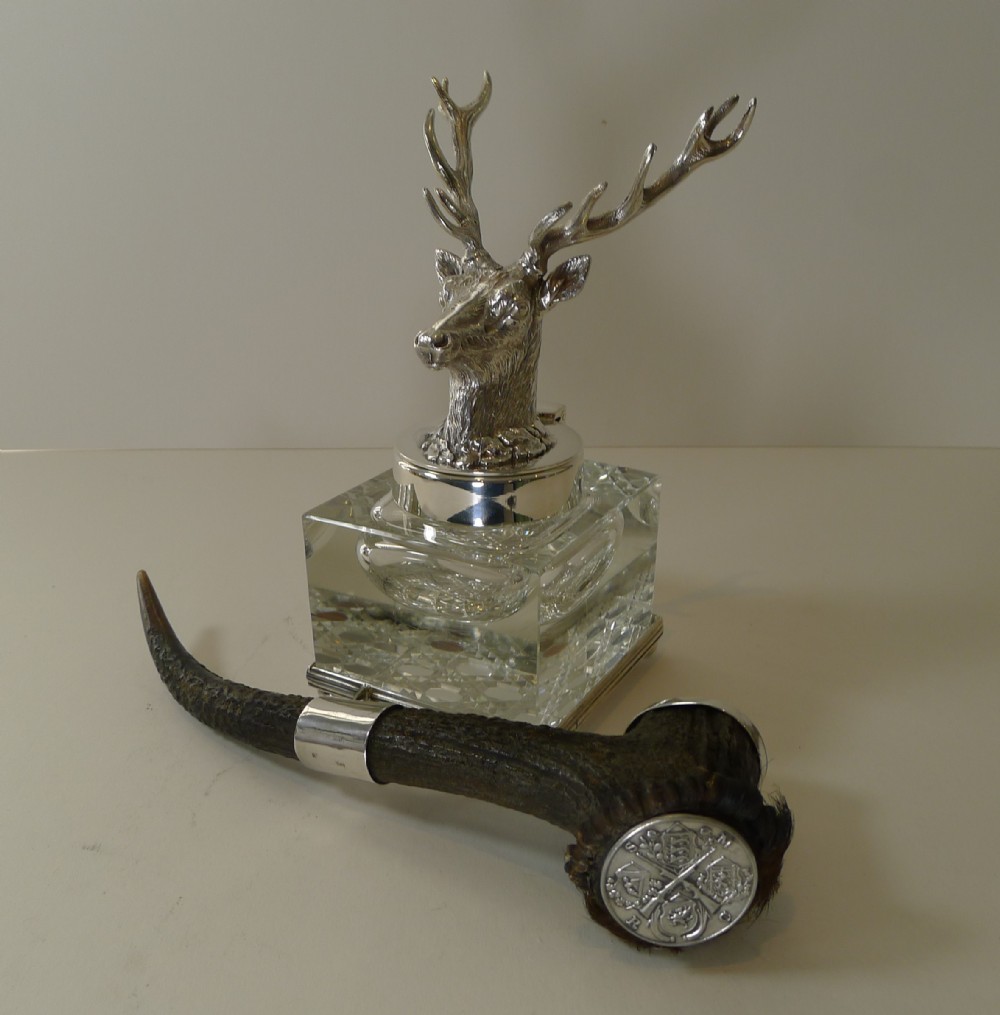 Grand Cut Glass, Silver Plate & Horn Stag Inkwell c.1901