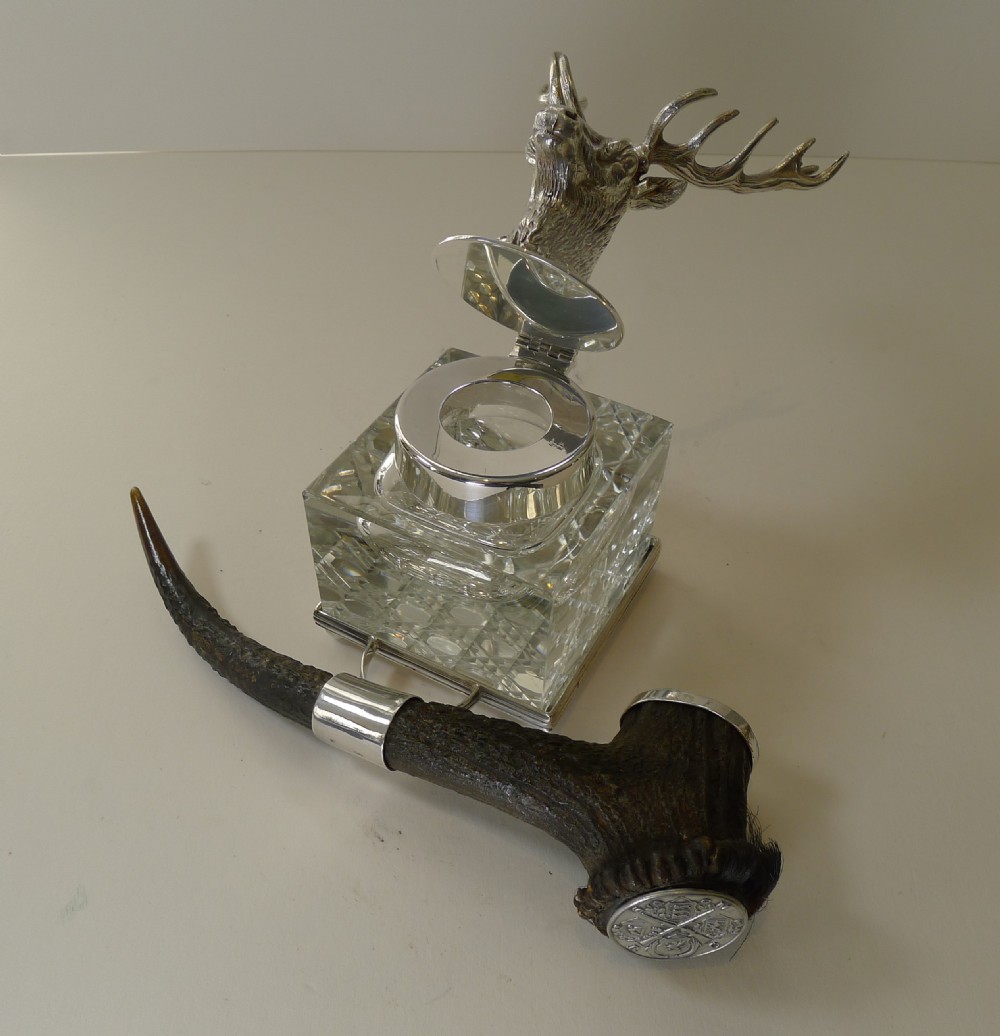Grand Cut Glass, Silver Plate & Horn Stag Inkwell c.1901 View IX