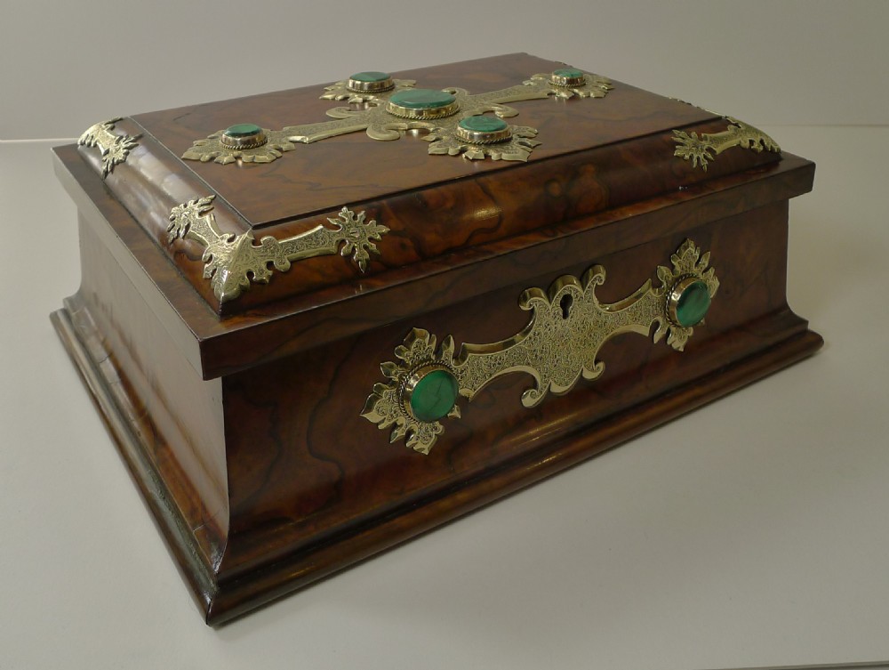A rectangular burr walnut box decorated with engraved brass strapwork and inset green malachite cabochons. View III