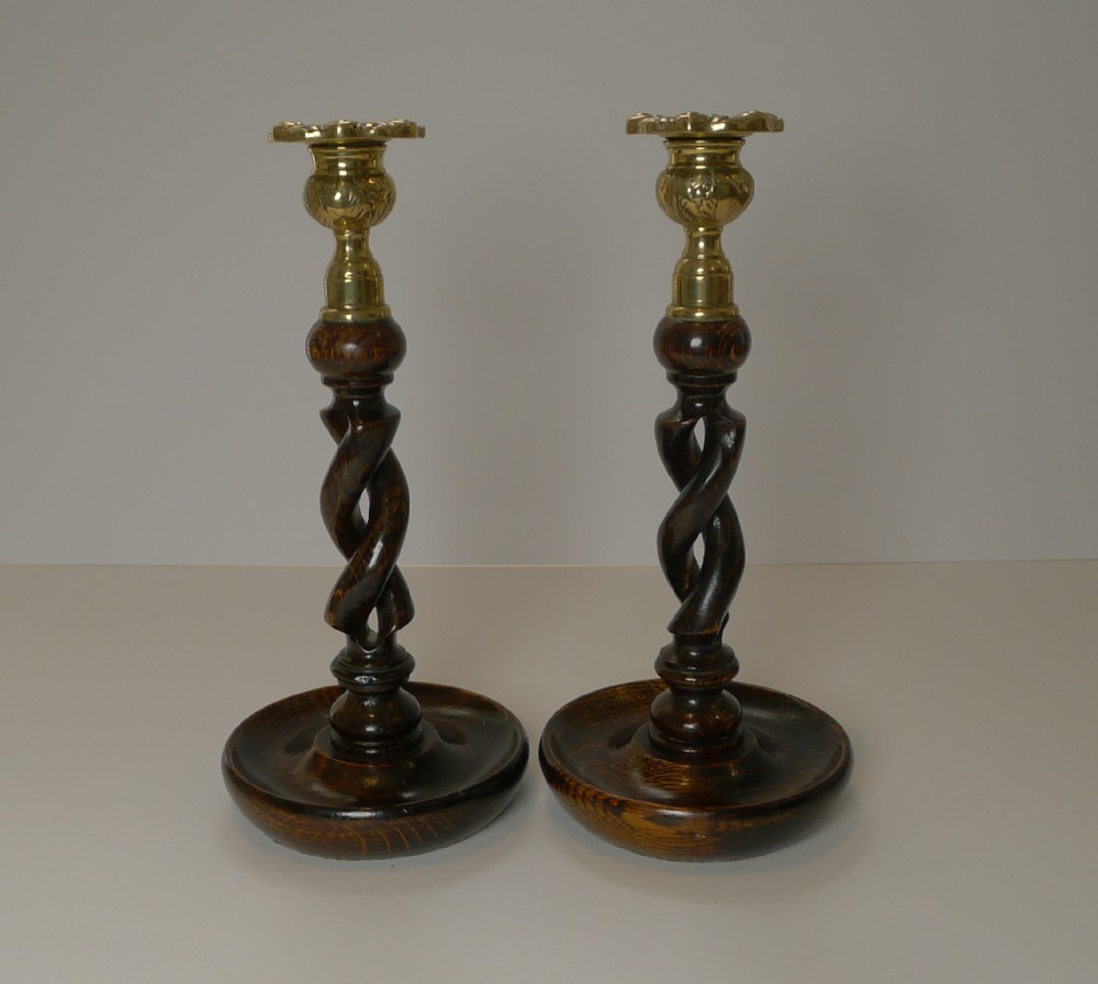 Pair Antique English Oak Barley Twist Candlesticks