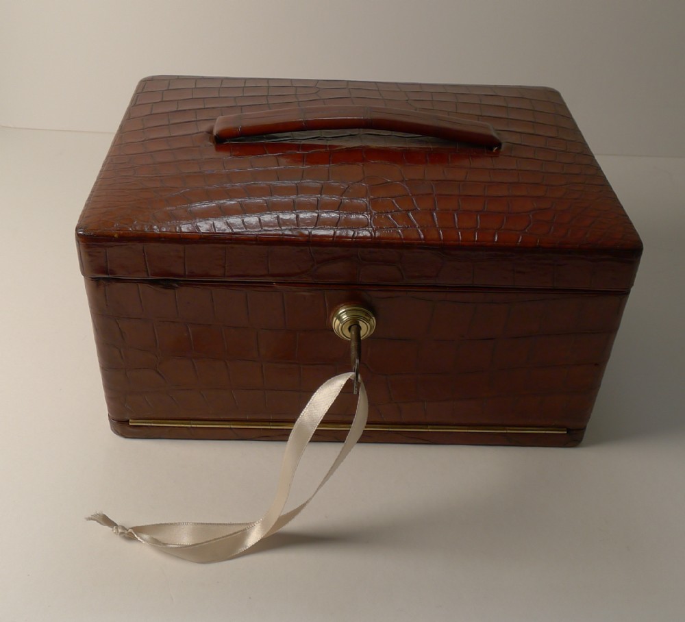 Fine Antique English Crocodile Jewellery Box c.1900 by Mappin & Webb