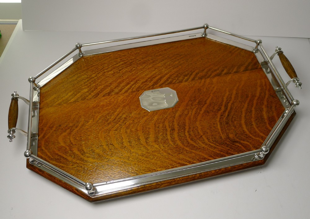 Rare Antique English Oak & Solid Sterling Silver Tray - 1904 View V