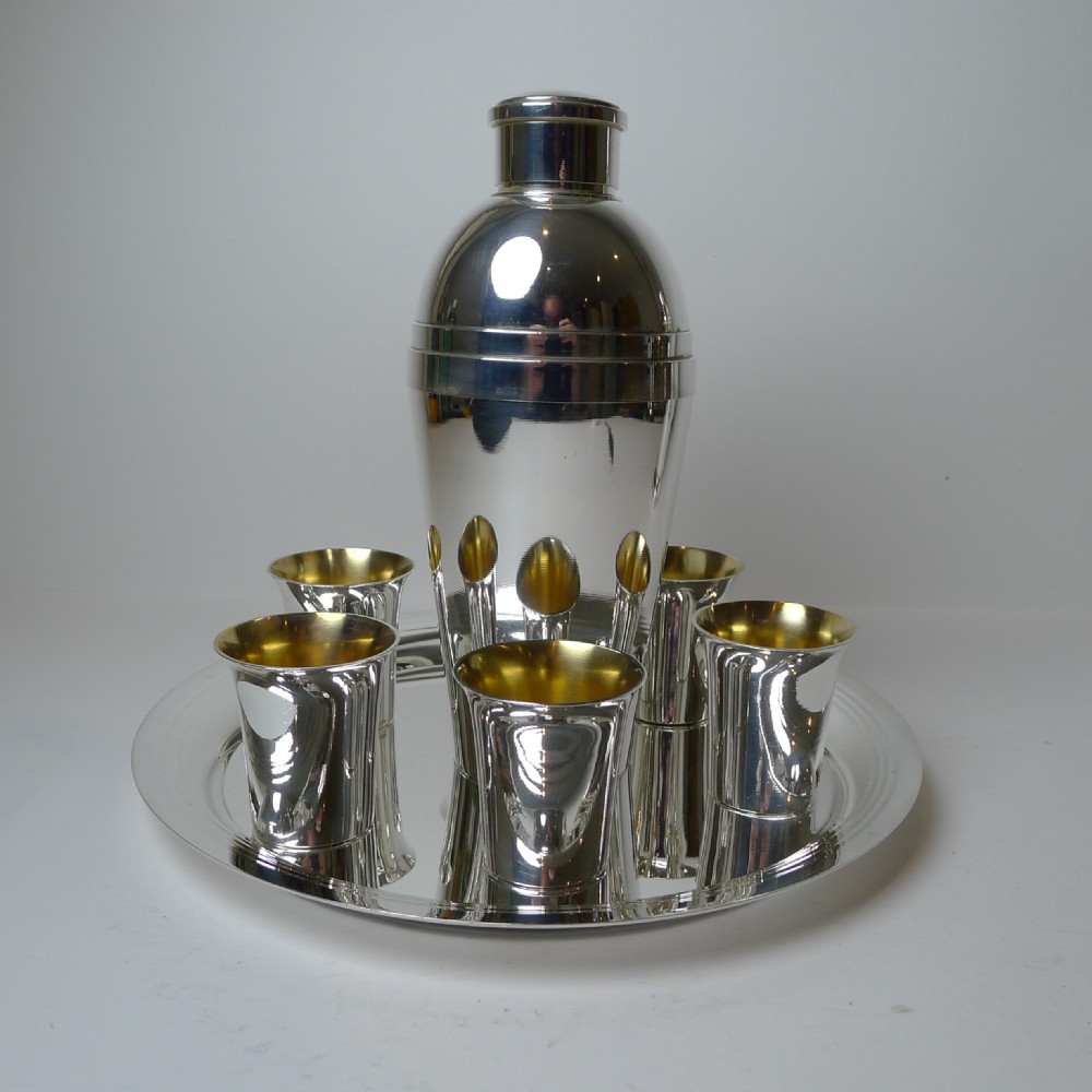 French Silver Plated Cocktail Shaker Set With Tray and Cups c.1940