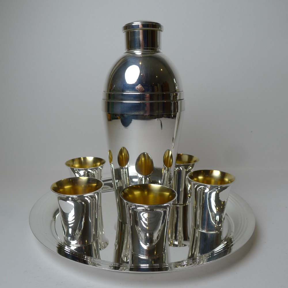 French Silver Plated Cocktail Shaker Set With Tray and Cups c.1940 View VI