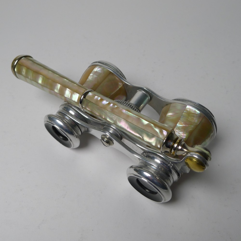 Stunning Antique French Aluminum & Mother of Pearl Opera Glasses - Lorgnette Handle