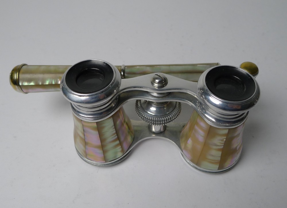 Stunning Antique French Aluminum & Mother of Pearl Opera Glasses - Lorgnette Handle View IX